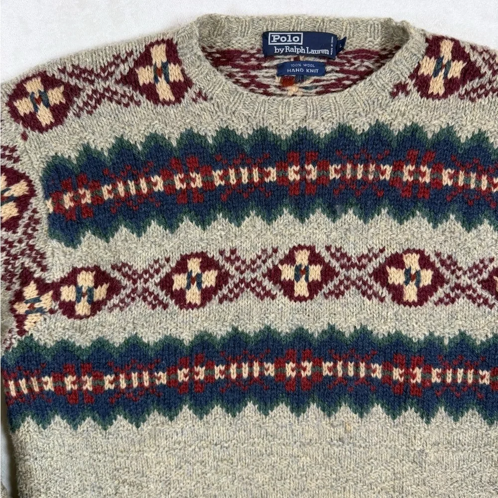 INSANE Polo Ralph Lauren Hand Knit Wool Aztec Beige & Burgundy Crewneck Sweater